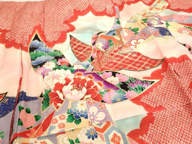 平和屋着物[]七五三　女の子　祝着　一つ身　長襦袢(無双仕立て・半衿刺繍)セット　飛鶴花文　暈し染め　金彩　逸品　AABG3177ja