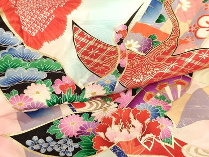 平和屋着物[]七五三　女の子　祝着　一つ身　長襦袢(無双仕立て・半衿刺繍)セット　飛鶴花文　暈し染め　金彩　逸品　AABG3177ja