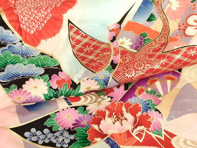 平和屋着物[]七五三　女の子　祝着　一つ身　長襦袢(無双仕立て・半衿刺繍)セット　飛鶴花文　暈し染め　金彩　逸品　AABG3177ja
