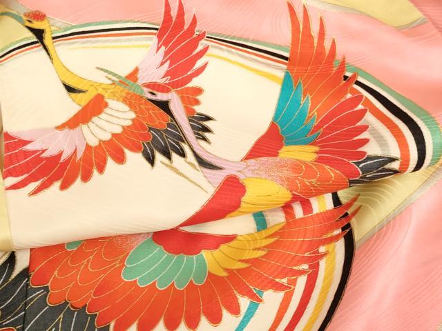 平和屋着物[]七五三　女の子　３歳　祝着　三つ身　飛鶴文　金彩　正絹　逸品　AABG3178ja