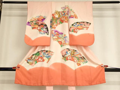 平和屋着物[]七五三　女の子　３歳　祝着　一つ身　駒刺繍　地紙花鳥文　雉　暈し染め　金彩　洗える着物　AABG3179ja