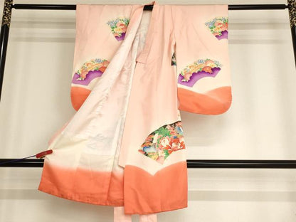 平和屋着物[]七五三　女の子　３歳　祝着　一つ身　駒刺繍　地紙花鳥文　雉　暈し染め　金彩　洗える着物　AABG3179ja