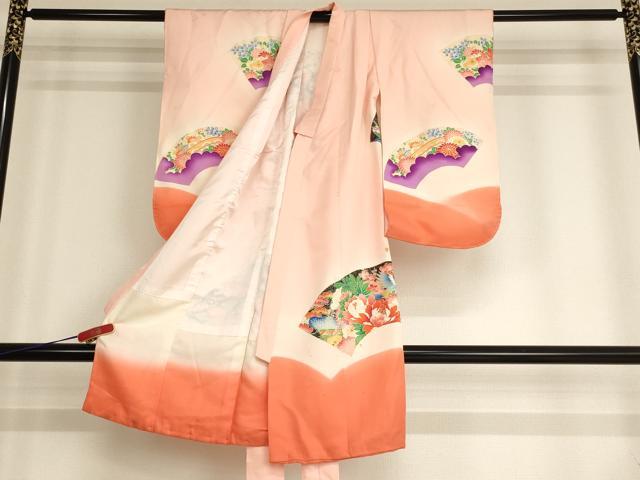 平和屋着物[]七五三　女の子　３歳　祝着　一つ身　駒刺繍　地紙花鳥文　雉　暈し染め　金彩　洗える着物　AABG3179ja
