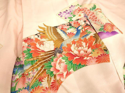 平和屋着物[]七五三　女の子　３歳　祝着　一つ身　駒刺繍　地紙花鳥文　雉　暈し染め　金彩　洗える着物　AABG3179ja