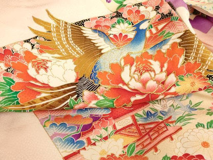 平和屋着物[]七五三　女の子　３歳　祝着　一つ身　駒刺繍　地紙花鳥文　雉　暈し染め　金彩　洗える着物　AABG3179ja