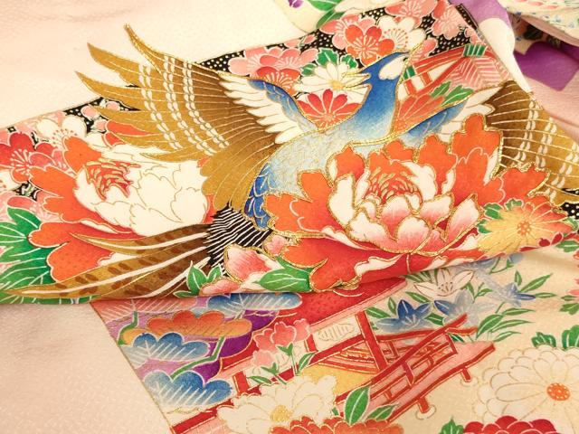 平和屋着物[]七五三　女の子　３歳　祝着　一つ身　駒刺繍　地紙花鳥文　雉　暈し染め　金彩　洗える着物　AABG3179ja