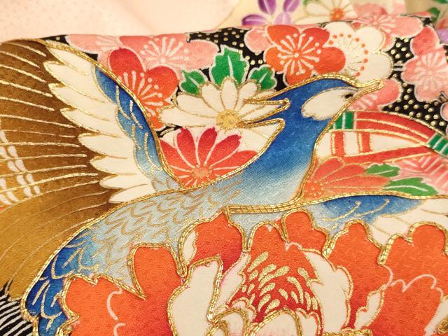 平和屋着物[]七五三　女の子　３歳　祝着　一つ身　駒刺繍　地紙花鳥文　雉　暈し染め　金彩　洗える着物　AABG3179ja
