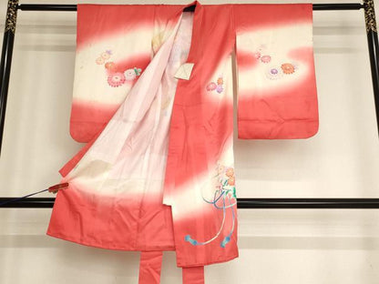 平和屋着物[]七五三　女の子　３歳　祝着　一つ身　檜扇御所車花文　暈し染め　正絹　逸品　AABG3180ja