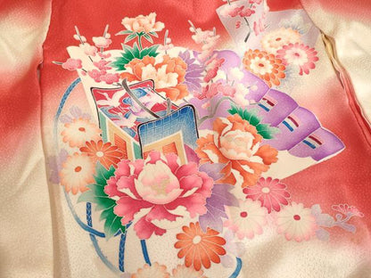 平和屋着物[]七五三　女の子　３歳　祝着　一つ身　檜扇御所車花文　暈し染め　正絹　逸品　AABG3180ja