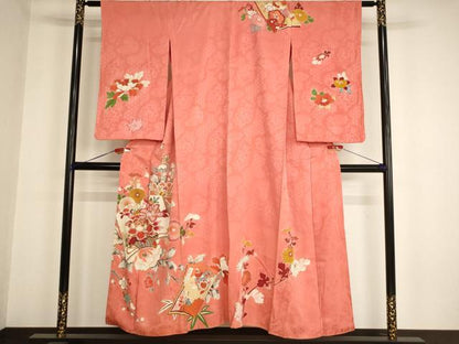 平和屋着物∵アンティーク　大正ロマン　女の子　十三参り　子供　祝着　刺繍　冊子飾花文　金糸　金彩　正絹　逸品　AABG3181ja