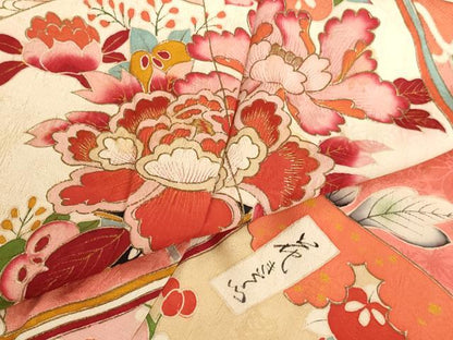 平和屋着物∵アンティーク　大正ロマン　女の子　十三参り　子供　祝着　刺繍　冊子飾花文　金糸　金彩　正絹　逸品　AABG3181ja