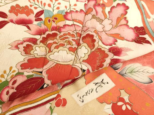 平和屋着物∵アンティーク　大正ロマン　女の子　十三参り　子供　祝着　刺繍　冊子飾花文　金糸　金彩　正絹　逸品　AABG3181ja