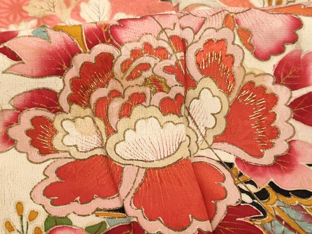 平和屋着物∵アンティーク　大正ロマン　女の子　十三参り　子供　祝着　刺繍　冊子飾花文　金糸　金彩　正絹　逸品　AABG3181ja