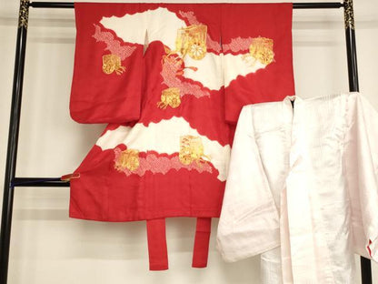平和屋着物[]七五三　女の子　３歳　祝着　三つ身　長襦袢(無双仕立て)セット　駒刺繍　絞り　御所車文　逸品　AABG3184ja