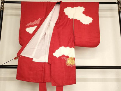 平和屋着物[]七五三　女の子　３歳　祝着　三つ身　長襦袢(無双仕立て)セット　駒刺繍　絞り　御所車文　逸品　AABG3184ja