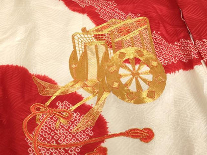 平和屋着物[]七五三　女の子　３歳　祝着　三つ身　長襦袢(無双仕立て)セット　駒刺繍　絞り　御所車文　逸品　AABG3184ja