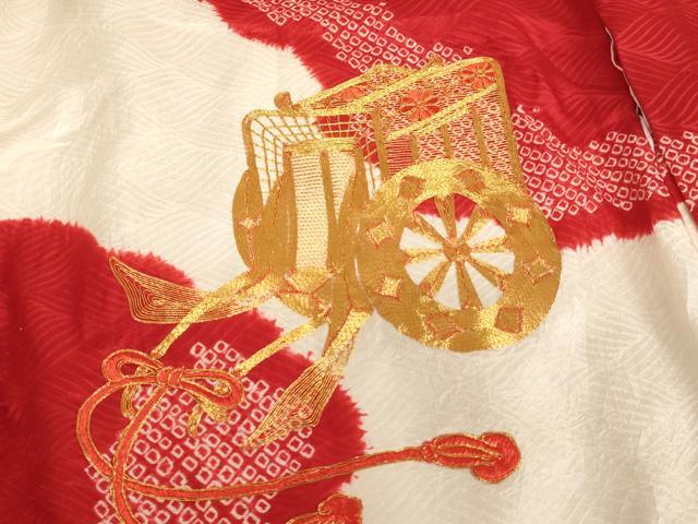 平和屋着物[]七五三　女の子　３歳　祝着　三つ身　長襦袢(無双仕立て)セット　駒刺繍　絞り　御所車文　逸品　AABG3184ja