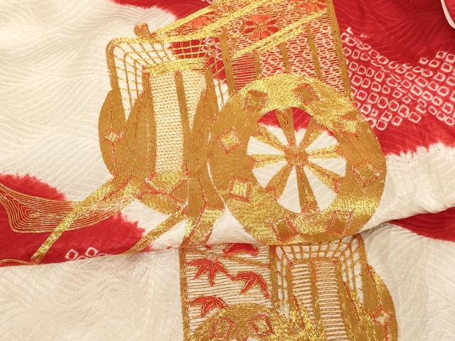 平和屋着物[]七五三　女の子　３歳　祝着　三つ身　長襦袢(無双仕立て)セット　駒刺繍　絞り　御所車文　逸品　AABG3184ja