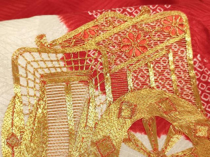 平和屋着物[]七五三　女の子　３歳　祝着　三つ身　長襦袢(無双仕立て)セット　駒刺繍　絞り　御所車文　逸品　AABG3184ja