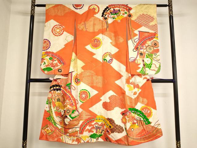 平和屋着物[]七五三　女の子　７歳　祝着　四つ身　駒刺繍　檜扇花鼓文　金彩　正絹　逸品　AABG3187ja