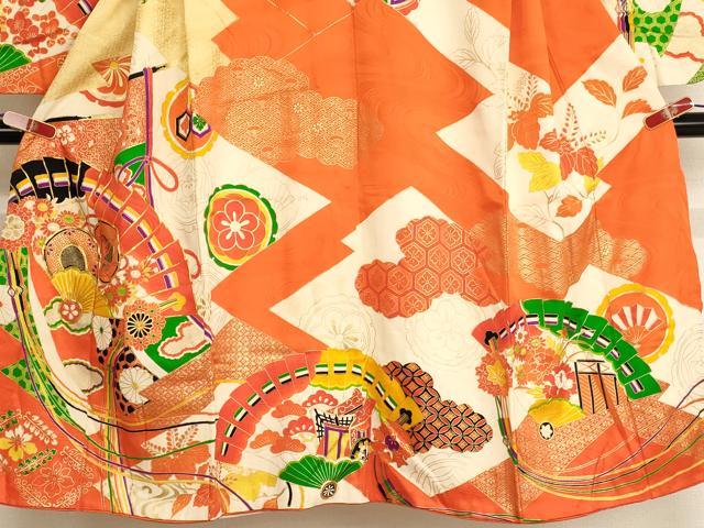 平和屋着物[]七五三　女の子　７歳　祝着　四つ身　駒刺繍　檜扇花鼓文　金彩　正絹　逸品　AABG3187ja