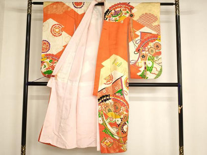 平和屋着物[]七五三　女の子　７歳　祝着　四つ身　駒刺繍　檜扇花鼓文　金彩　正絹　逸品　AABG3187ja