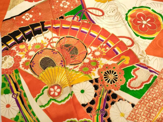 平和屋着物[]七五三　女の子　７歳　祝着　四つ身　駒刺繍　檜扇花鼓文　金彩　正絹　逸品　AABG3187ja