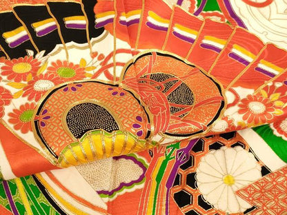 平和屋着物[]七五三　女の子　７歳　祝着　四つ身　駒刺繍　檜扇花鼓文　金彩　正絹　逸品　AABG3187ja
