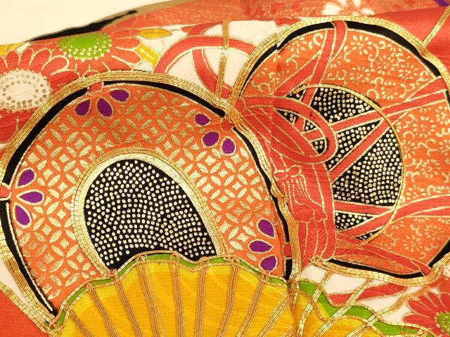 平和屋着物[]七五三　女の子　７歳　祝着　四つ身　駒刺繍　檜扇花鼓文　金彩　正絹　逸品　AABG3187ja