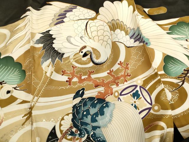 平和屋着物[]お宮参り　男の子　祝着　産着　初着　のしめ　駒刺繍　鶴　亀　金彩　正絹　逸品　AABG3188ja