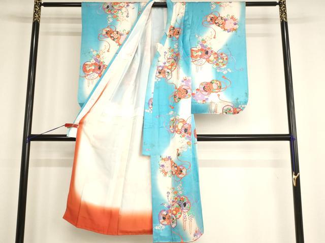 平和屋着物[]七五三　女の子　７歳　祝着　四つ身　花鼓文　暈し染め　金彩　正絹　逸品　AABG3189ja
