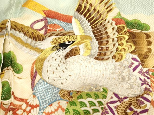 平和屋着物[]お宮参り　男の子　祝着　産着　初着　のしめ　刺繍　鷹　松　金銀糸　金彩　逸品　AABG3190ja