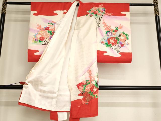平和屋着物[]お宮参り　女の子　祝着　産着　初着　のしめ　扇面飛鶴花手毬文　暈し染め　金彩　逸品　AABG3191ja