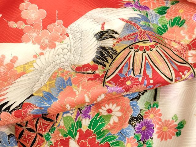平和屋着物[]お宮参り　女の子　祝着　産着　初着　のしめ　扇面飛鶴花手毬文　暈し染め　金彩　逸品　AABG3191ja