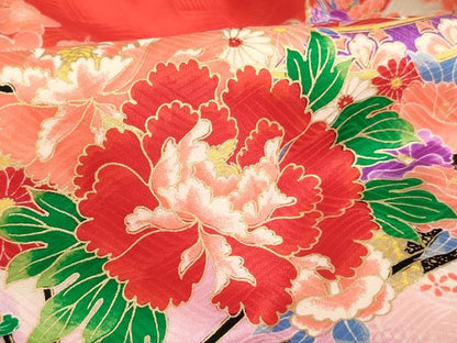 平和屋着物[]お宮参り　女の子　祝着　産着　初着　のしめ　扇面飛鶴花手毬文　暈し染め　金彩　逸品　AABG3191ja
