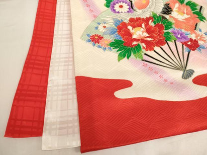 平和屋着物[]お宮参り　女の子　祝着　産着　初着　のしめ　扇面飛鶴花手毬文　暈し染め　金彩　逸品　AABG3191ja