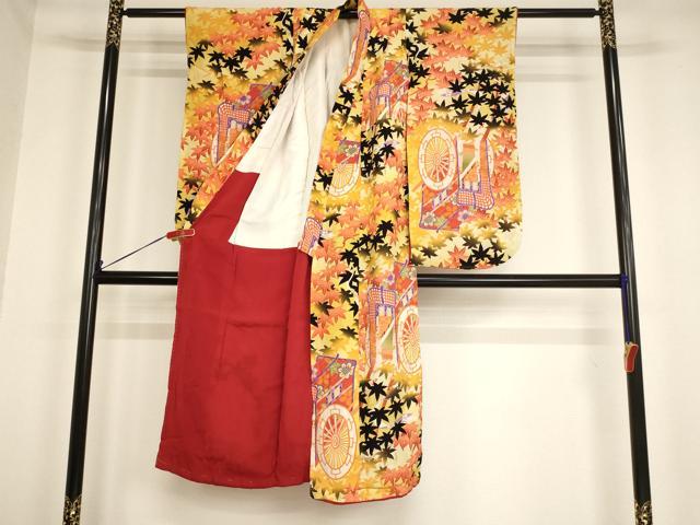 平和屋着物[]セミアンティーク　七五三　女の子　７歳　祝着　四つ身　御所車楓文　暈し染め　正絹　逸品　AABG3196ja