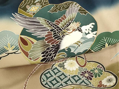 平和屋着物[]お宮参り　男の子　祝着　産着　初着　のしめ　打ち出の小槌　松　暈し染め　金彩　正絹　逸品　未使用　AABG3200ja