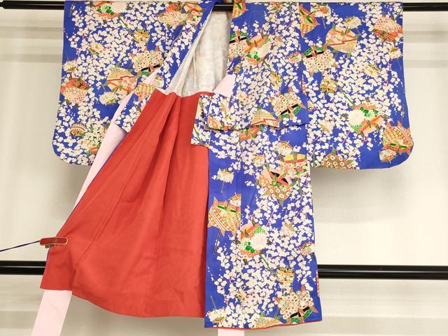 平和屋着物[]七五三　女の子　３歳　祝着　三つ身　糸巻き花文　金彩　正絹　逸品　AABG3202ja
