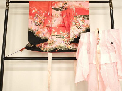 平和屋着物[]七五三 女の子 ３歳 祝着 三つ身 長襦袢(単衣・半衿刺繍)セット 花車文 金彩 AABG3204ja