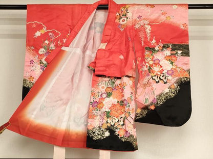 平和屋着物[]七五三 女の子 ３歳 祝着 三つ身 長襦袢(単衣・半衿刺繍)セット 花車文 金彩 AABG3204ja