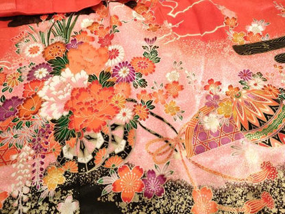 平和屋着物[]七五三 女の子 ３歳 祝着 三つ身 長襦袢(単衣・半衿刺繍)セット 花車文 金彩 AABG3204ja