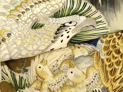 平和屋着物[]お宮参り　男の子　祝着　産着　初着　のしめ　刺繍　鷹　風景松文　金銀糸　金彩　正絹　逸品　AABG3208ja