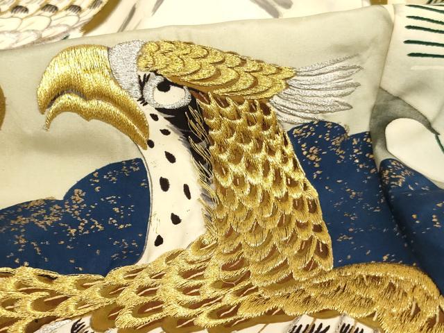 平和屋着物[]お宮参り　男の子　祝着　産着　初着　のしめ　刺繍　鷹　風景松文　金銀糸　金彩　正絹　逸品　AABG3208ja