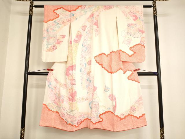 平和屋着物[]七五三　女の子　７歳　祝着　四つ身　総絞り　貝桶花文　正絹　逸品　AABG3209ja