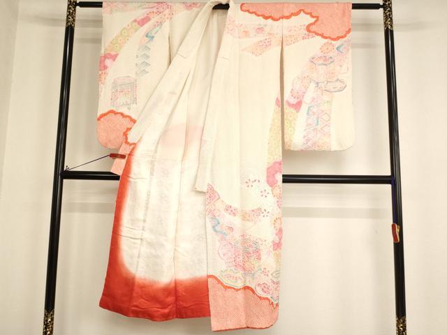 平和屋着物[]七五三　女の子　７歳　祝着　四つ身　総絞り　貝桶花文　正絹　逸品　AABG3209ja