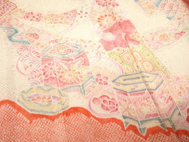 平和屋着物[]七五三　女の子　７歳　祝着　四つ身　総絞り　貝桶花文　正絹　逸品　AABG3209ja