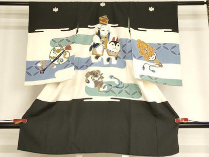 平和屋着物[]お宮参り　男の子　祝着　産着　初着　のしめ　駒刺繍　童子　犬張子　金彩　正絹　逸品　AABG3210ja