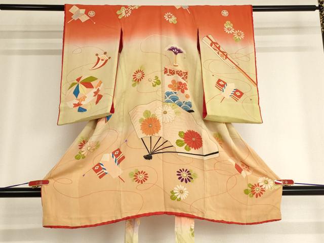 平和屋着物[]アンティーク 大正ロマン お宮参り 女の子 祝着 産着 初着 のしめ 刺繍 扇面花文 投扇興 暈し染め 正絹 逸品 AABG3219ja