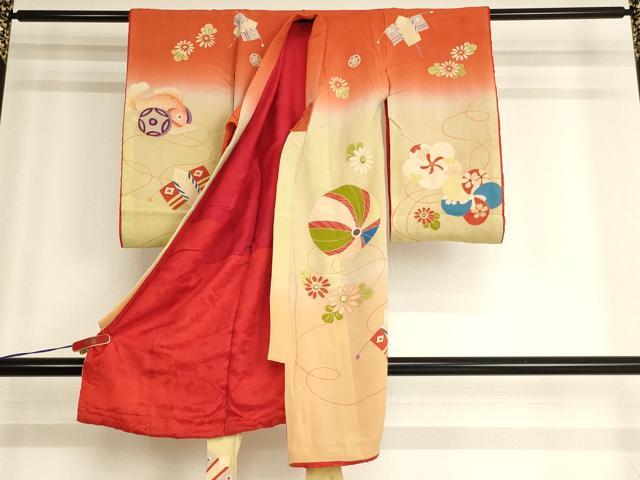 平和屋着物[]アンティーク 大正ロマン お宮参り 女の子 祝着 産着 初着 のしめ 刺繍 扇面花文 投扇興 暈し染め 正絹 逸品 AABG3219ja